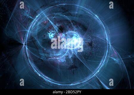Neon leuchtende Linien und Formen fliegen im Raum. Geometrische Sci-Fi-Struktur. Abstrakt kreativ modernen Hintergrund Stockfoto