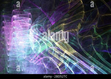 Neon leuchtende Linien und Formen fliegen im Raum. Geometrische Sci-Fi-Struktur. Abstrakt kreativ modernen Hintergrund Stockfoto