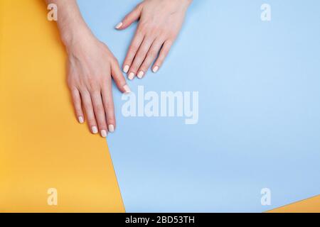 Schöne weibliche Hände mit klassischer Mattenmaniküre auf blaugelbem Hintergrund. Platz für Ihren Text. Stockfoto