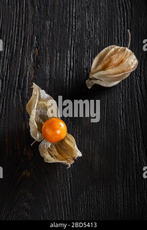 Zwei Physalis-Früchte auf dunklem Hintergrund. Geringe Schärfentiefe Stockfoto