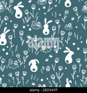 Süßes, handgezeichnetes Easter Seamless Muster mit Häschen, Blumen, ostereiern, schönem Hintergrund, ideal für Osterkarten, Banner, Textilien, Tapeten Stockfoto