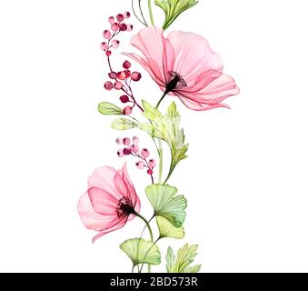 Wasserfarbe Poppy nahtloser Rand. Vertikales sich wiederholendes Muster. Große rosafarbene Blume mit Blättern und Beeren isoliert auf Weiß. Botanische Illustration für Stockfoto