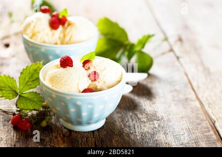 Hausgemachtes Vanilleeis mit Erdbeere Stockfoto