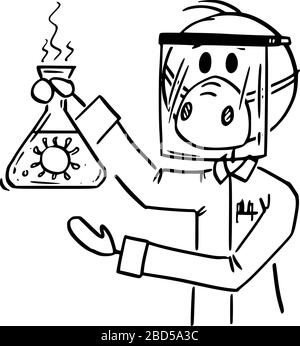Vector Cartoon Stick Figur Zeichnung konzeptionelle Illustration des Wissenschaftlers, der im Labor arbeitet und Gesichtsschutz und Maske trägt, die gefährliche biologische Coronavirus COVID-19-Probe zeigt. Stock Vektor
