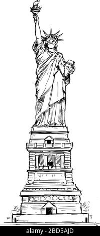 Vektor-Zeichnung Illustration der Freiheitsstatue mit Gesichtsmaskenschutz aufgrund des Coronavirus COVID-19 Epidemieausbruchs in New York City, Vereinigte Staaten. Stock Vektor