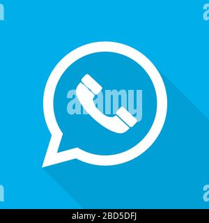 Weisses Handset Symbol in flacher Bauform. Vektorgrafiken. Symbol des Mobilteils mit langem Schatten auf blauem Hintergrund. Stock Vektor