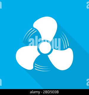 Lüftersymbol mit langem Schatten auf blauem Hintergrund. Vektorgrafiken. Weißer Lüfter in flachem Design Stock Vektor