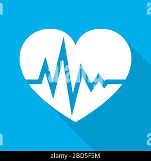 Weißes Herz mit Heartbeat. Vector Illustration. Herz mit langen Schatten auf blauem Hintergrund. Stock Vektor