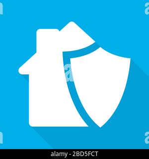 Weißes Schild und Haus mit langem Schatten auf blauem Grund. Vektorgrafiken. Flaches Symbol des Versicherungskonzepts Stock Vektor