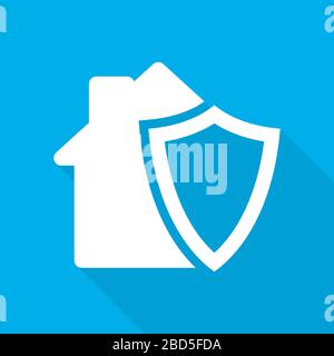 Weißes Schild und Haus mit langem Schatten auf blauem Grund. Vektorgrafiken. Flaches Symbol des Versicherungskonzepts Stock Vektor