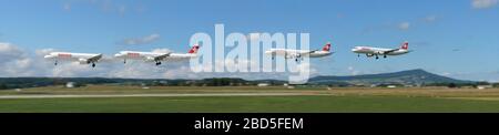Schritte eines Flugzeugs Landung am Flughafen Zürich , Panorama Stockfoto