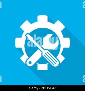 Weiße Werkzeuge in flachem Design mit langem Schatten. Vektorgrafiken. Einfache Schraubenschlüssel- und Schraubendreher-Symbole auf blauem Hintergrund. Stock Vektor