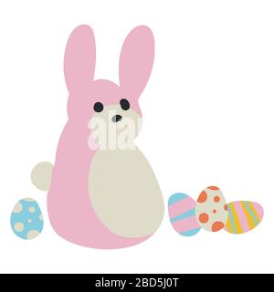 Süßes rosafarbenes Osterhase mit Eiern für die Osterjagd von Kindern. Frühlingsurlaub gestreifte Eiergrafik mit Kawaii-Kaninchen. Handgezeichnetes Doodle Stock Vektor