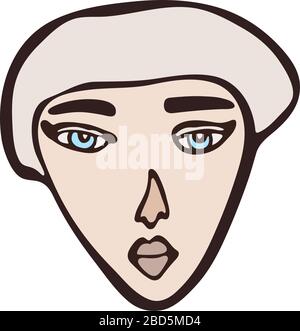 Minimalistisches linear isoliertes Frauenporträt. Kurzhaariges Mädchen, weißes Gesicht mit hellen Augen. Einfache Gesichtszüge. Skandinavische primitive Grafik Stock Vektor