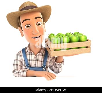 3D-Bauer, der Holzkiste mit Äpfeln hält, Abbildung mit isoliertem weißem Hintergrund Stockfoto