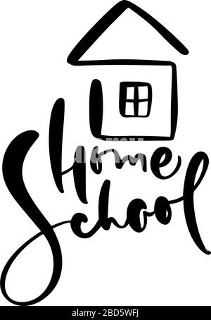 Konzept der Hausschulbildung. Vector Home School Kalligraphie Schrift Text und Haus-Symbol. Für das Studium zu Hause online. Illustrations-Emblem der Ausbildung Stock Vektor
