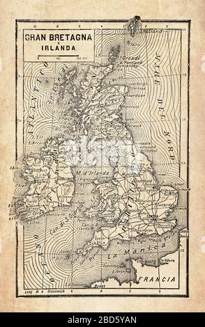 Alte Karte der Inseln Großbritannien und Irland im Nordatlantik mit dem Archipel der britischen Inseln, mit geografischen italienischen Namen und Beschreibungen Stockfoto