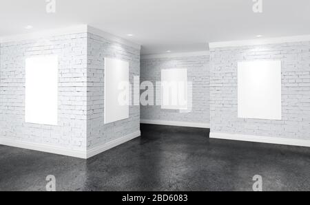 Moderner Galerieraum mit Plakaten an Wänden Stockfoto
