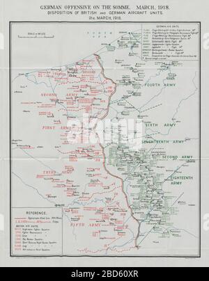 Deutsche Somme-Offensive Im Ersten Weltkrieg. Britische deutsche Flugzeugeinheiten 21. März 1918 1934 Karte Stockfoto