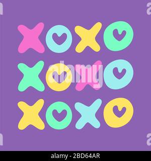 Umarmungen und Küsse XOXO Doodle für Liebeskonzept. Vektorgrafiken für valentine und Hochzeitskarte. Quadratisches Format. Helles Bild auf violettem Hintergrund Stock Vektor