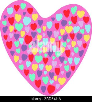 Ein großes, rosafarbenes Herz aus Motten besteht aus kleinen neonfarbenen Herzen. Vektorgrafiken Stock Vektor