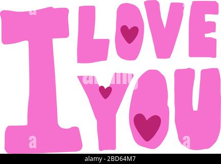 Ich liebe Sie handgezeichnete rosafarbene Phrase. Vektorgrafiken mit Herzen. Idee für Valentinstag oder Liebesnachricht. Süßer Stil Stock Vektor