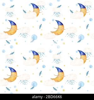 Lustig schlafender Mond mit Wolke und Schmetterling. Hand gezeichnet Aquarell Cartoon Illustration weißen Hintergrund. Stockfoto