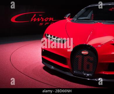 GENF, SCHWEIZ - 6. März 2018: Bugatti Chiron auf dem Bugatti Ausstellungsgelände in der 88. Internationalen Automobilmesse Genf in Palexpo Stockfoto