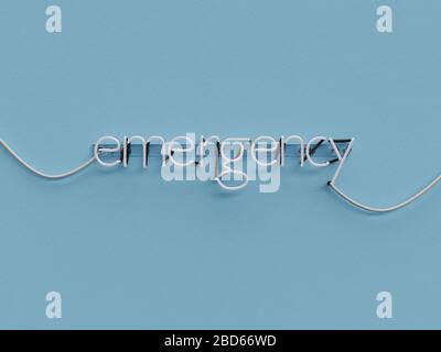 Neon-Notabzeichen über blauem Hintergrund mit ausgeschaltetem Notfallwort - 3D-Rendering-Konzept Stockfoto