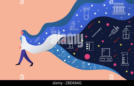 Wissenschaftler, die über Laborgeräte und das Universum spazieren und träumen. Konzeptwissenschaft Vektorillustration. Stock Vektor