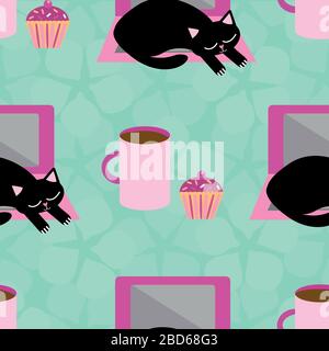 Verschlafene Zeichentrickkatze und Laptop-Vektor nahtloser Hintergrund. Schwarze Kätzchen unterbrechen den Geschäftsfluss im Büro. Handgezeichnete Minze grün rosa Hintergrund Stock Vektor