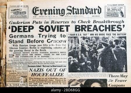 'Deep Soviet Breaches' am 16. Januar 1945 Abend Standard WWII britische Zeitung Headline in London England Großbritannien Großbritannien Stockfoto