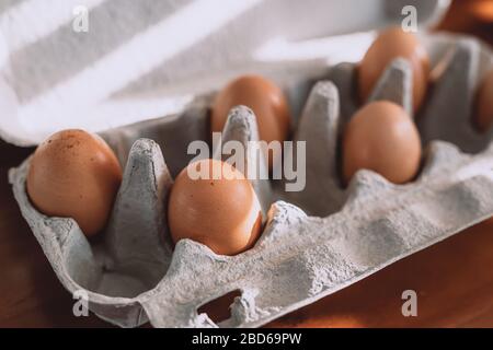 Rohe braune Eier in Tablett, abwechselnd mit leeren Räumen. Osterkonzept mit sozialer Distanzierung in der Quarantäne während der COVID-19-Pandemie. Stockfoto