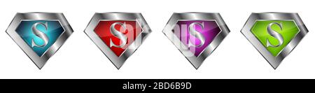 Set mit Superhelden-Logos. Vorlage für Superhelden-Logo in einem silbernen Rahmen. Vektorgrafiken. Stock Vektor