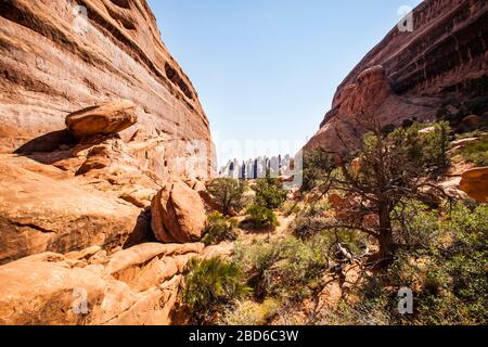 Eine Sandstein-Landschaft in Devils Garden, Arches National Park, Utah, USA. Stockfoto