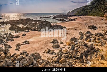 Vulkanische Felsen am Strand, Ebbe, am Te Arai Point bei Sonnenaufgang, Auckland Region, North Island, Neuseeland Stockfoto