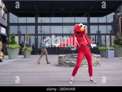 Washington DC, USA. April 2020. Ein YouTube-Darsteller, bekannt als "Elmo at the Wharf", tanzt am Wharf in Washington, DC während der Pandemie von Coronavirus und bleibt am Dienstag, den 7. April 2020 zu Hause. Die Darstellerin sagte, sie habe versucht, den Menschen in den Apartmentgebäuden, die den Bereich überblicken, Lächeln und Freude zu bringen. Foto von Kevin Dietsch/UPI Credit: UPI/Alamy Live News Stockfoto