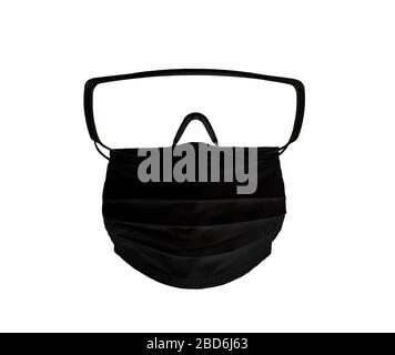 Eine schwarze medizinische Gesichtsmaske mit Schutzbrille (Schutzbrille) auf weißem Hintergrund, isoliert, Konzept epidemische Coronavirus Stockfoto