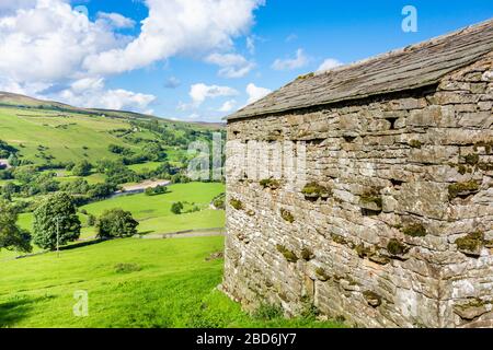 Blick über den Fluss Swale in Richtung Gunnerside Dorf von Spinner im Swaledale im The Yorkshire Dales National Park, England UK Stockfoto