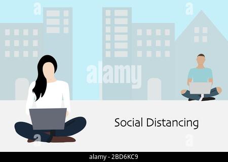 Soziale Distanzierung und Arbeit vom Heimatkonzept, Coronavirus Pandemie 2019-ncov Prävention, Virus Spread Prevention. Konzept der Quarantänemaßnahmen Stock Vektor
