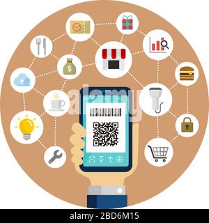 QR-Code-Zahlung, Smartphone-Zahlung / Vektorgrafiken mit runden Bannern Stock Vektor