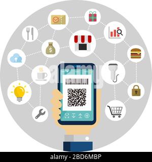 QR-Code-Zahlung, Smartphone-Zahlung / Vektorgrafiken mit runden Bannern Stock Vektor