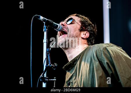 Aarhus, Dänemark. Juni 2018. Die englische Sängerin, Songwriterin und Musikerin Liam Gallagher führt ein Live-Konzert während des dänischen Musikfestivals Northside 2018 in Aarhus durch. (Foto: Gonzales Foto - lasse Lagoni). Stockfoto