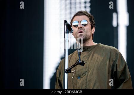 Aarhus, Dänemark. Juni 2018. Die englische Sängerin, Songwriterin und Musikerin Liam Gallagher führt ein Live-Konzert während des dänischen Musikfestivals Northside 2018 in Aarhus durch. (Foto: Gonzales Foto - lasse Lagoni). Stockfoto