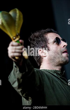 Aarhus, Dänemark. Juni 2018. Die englische Sängerin, Songwriterin und Musikerin Liam Gallagher führt ein Live-Konzert während des dänischen Musikfestivals Northside 2018 in Aarhus durch. (Foto: Gonzales Foto - lasse Lagoni). Stockfoto