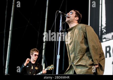 Aarhus, Dänemark. Juni 2018. Die englische Sängerin, Songwriterin und Musikerin Liam Gallagher führt ein Live-Konzert während des dänischen Musikfestivals Northside 2018 in Aarhus durch. (Foto: Gonzales Foto - lasse Lagoni). Stockfoto
