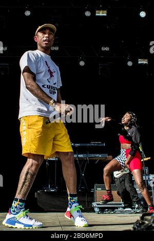 Aarhus, Dänemark. Juni 2018. Die amerikanische Rap-Gruppe N.E.R.D. führt ein Live-Konzert während des dänischen Musikfestivals Northside 2018 in Aarhus durch. Hier ist Rapper Pharrell Williams live auf der Bühne zu sehen. (Foto: Gonzales Foto - lasse Lagoni Stockfoto