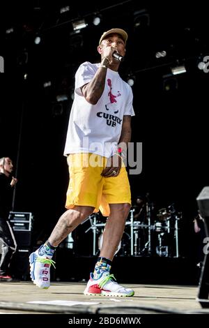 Aarhus, Dänemark. Juni 2018. Die amerikanische Rap-Gruppe N.E.R.D. führt ein Live-Konzert während des dänischen Musikfestivals Northside 2018 in Aarhus durch. Hier ist Rapper Pharrell Williams live auf der Bühne zu sehen. (Foto: Gonzales Foto - lasse Lagoni Stockfoto
