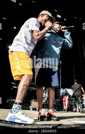 Aarhus, Dänemark. Juni 2018. Die amerikanische Rap-Gruppe N.E.R.D. führt ein Live-Konzert während des dänischen Musikfestivals Northside 2018 in Aarhus durch. Hier ist Rapper Pharrell Williams live auf der Bühne zu sehen. (Foto: Gonzales Foto - lasse Lagoni Stockfoto
