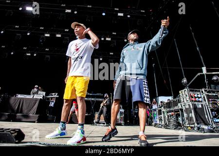 Aarhus, Dänemark. Juni 2018. Die amerikanische Rap-Gruppe N.E.R.D. führt ein Live-Konzert während des dänischen Musikfestivals Northside 2018 in Aarhus durch. Hier ist Rapper Pharrell Williams live auf der Bühne zu sehen. (Foto: Gonzales Foto - lasse Lagoni Stockfoto